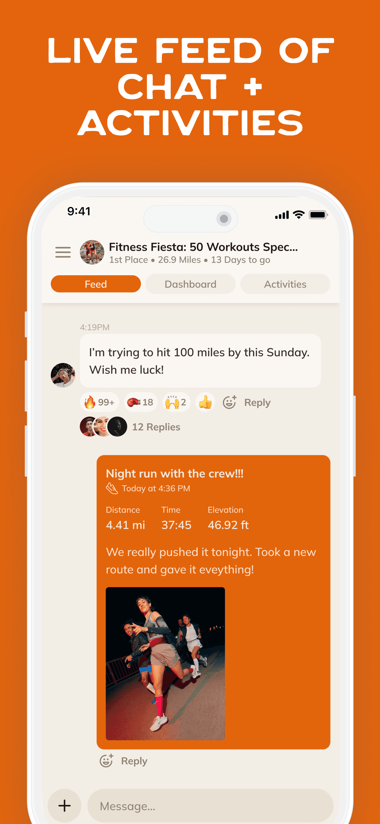 Challenge Hound app - live feed of chat and activities